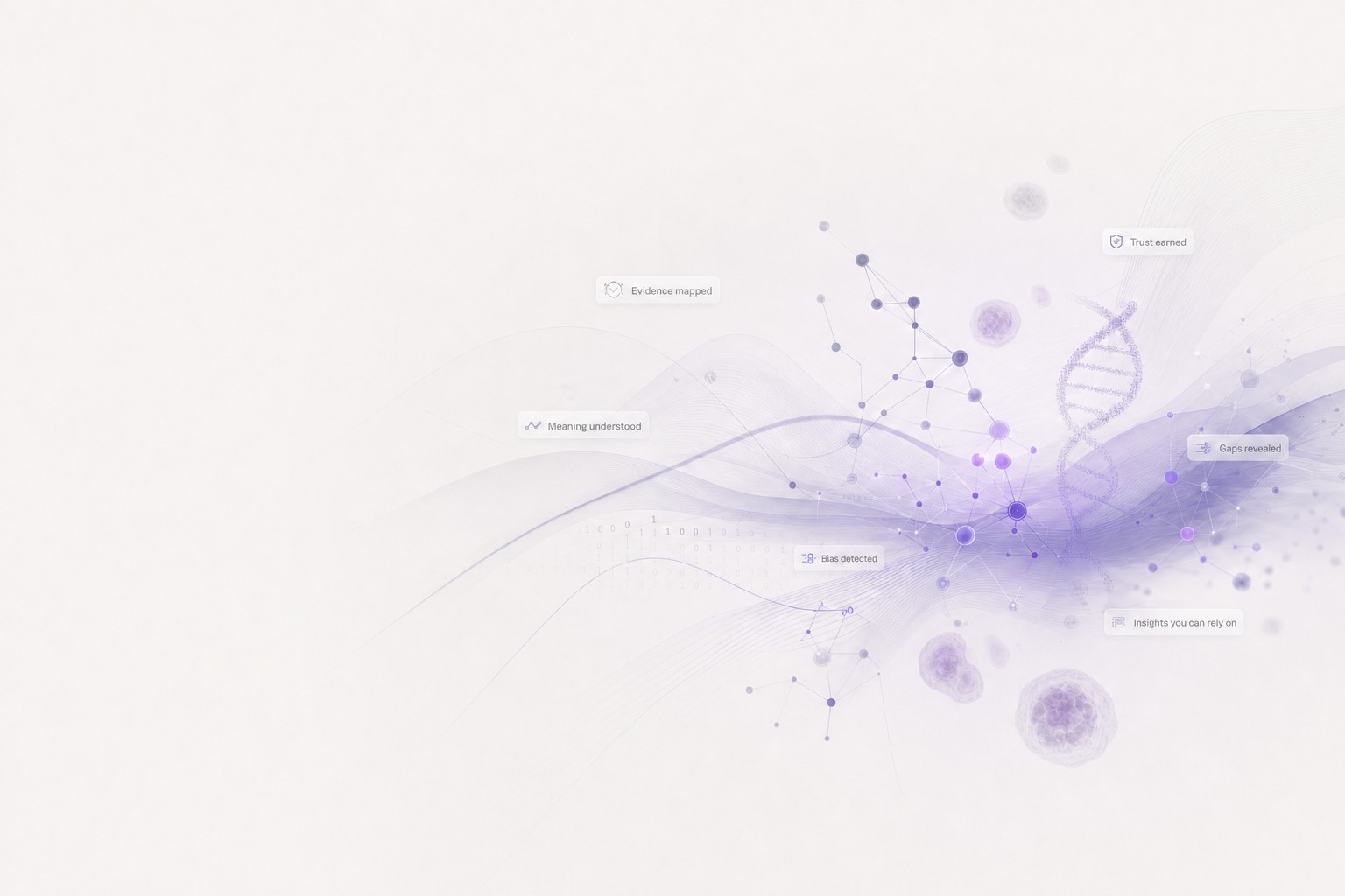 A violet engine visualization: flowing waves, a molecular network, a DNA helix, and capability chips like Evidence mapped and Bias detected