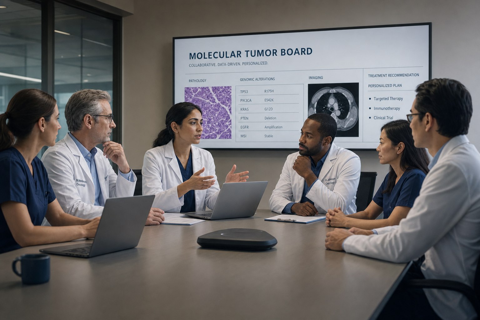 A molecular tumor board of clinicians around a table discussing a case, with a genomic-alterations board on screen
