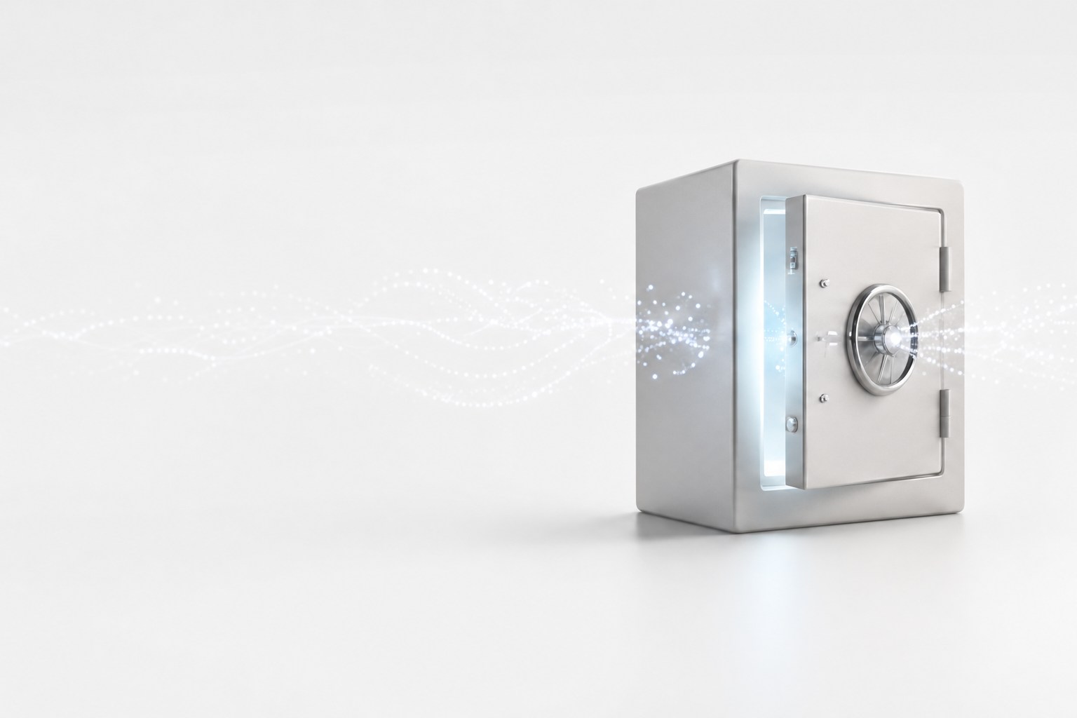 A polished metal vault with a stream of data particles flowing into it